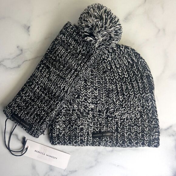 Rebecca Minkoff Marled Pom Pom Beanie Hat & Arm Warmers Set Open Fingers NWT - Picture 1 of 4